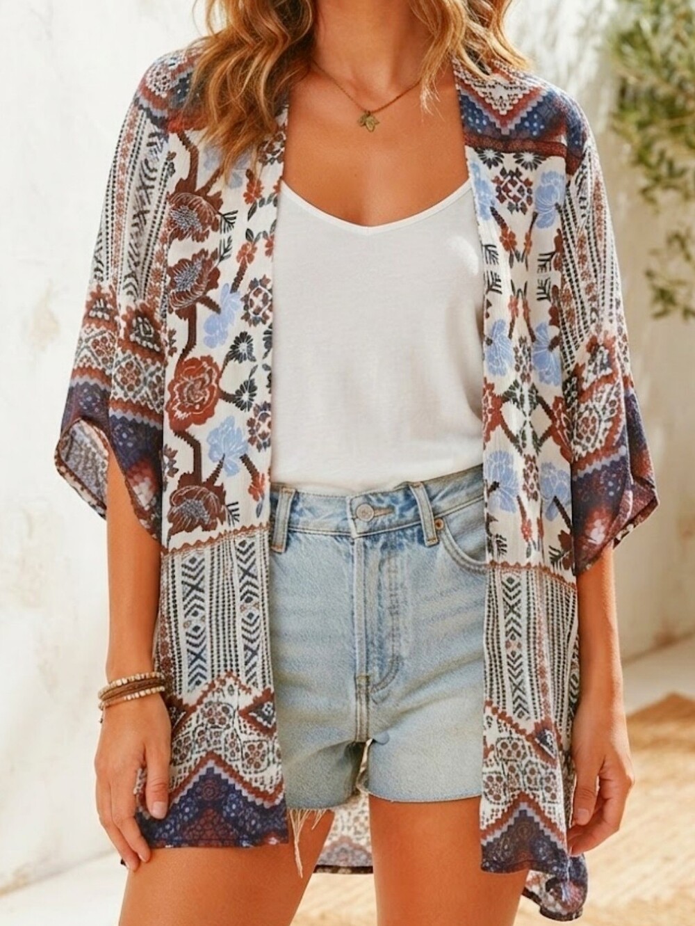 Blue Rain Short Floral Kimono M